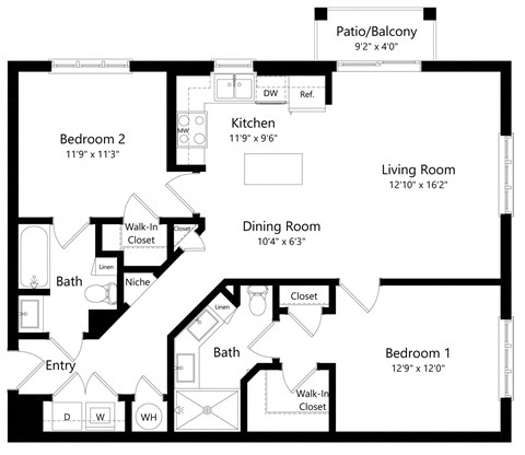 Floor plan for 2 beds, 2 baths, 1168 sqft